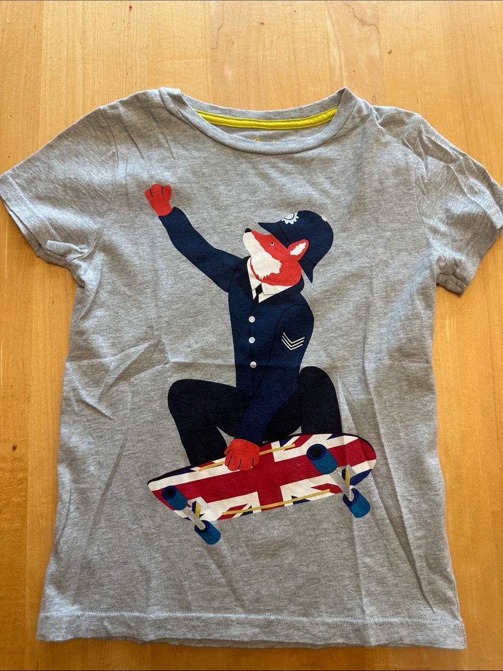 Mini Boden Grey Tee with Fox Policeman and Union Jack Skateboard